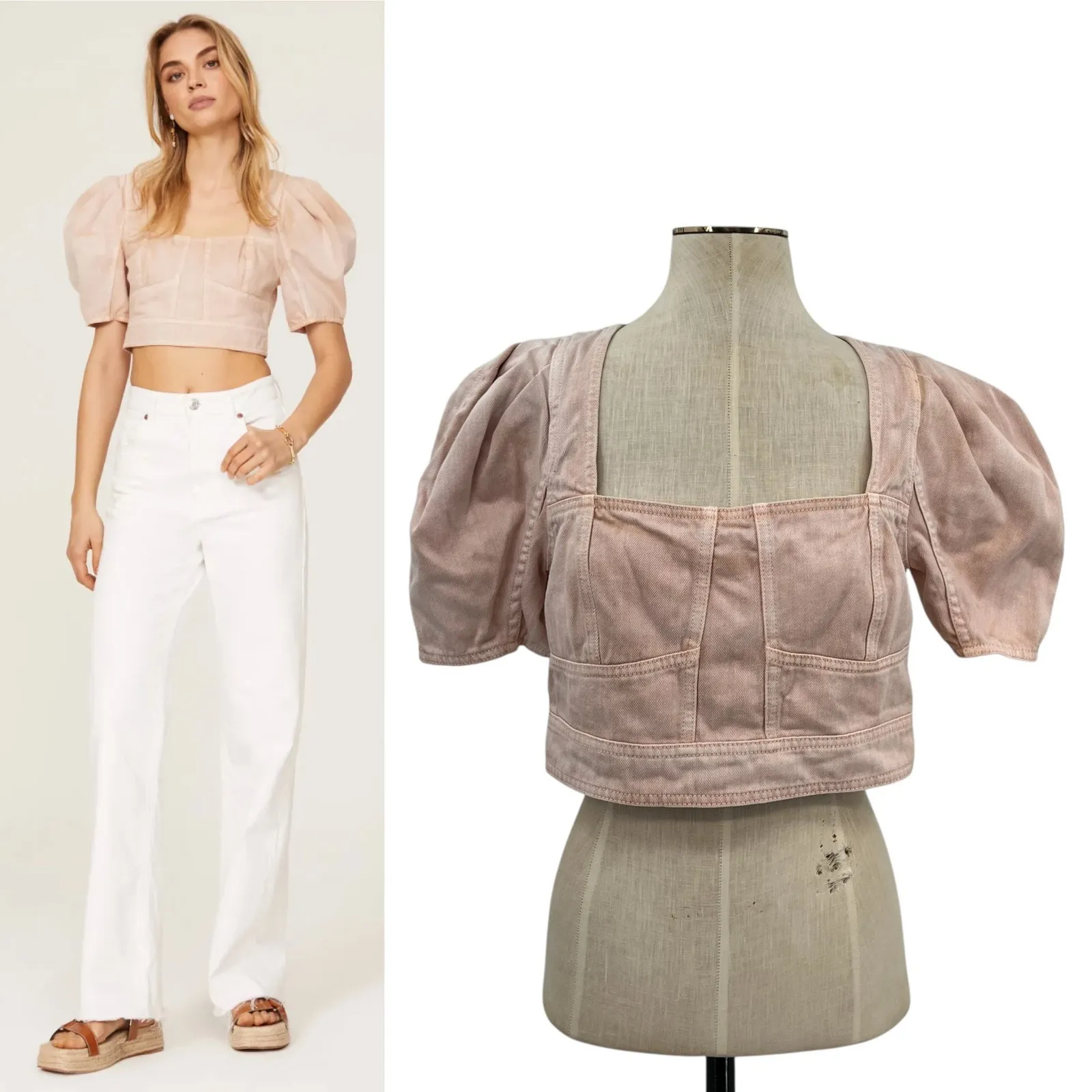 Ulla Johnson Renee Top Crop Denim Puff Sleeve Zip Sweetbriar Pink Size 8 - Image 2