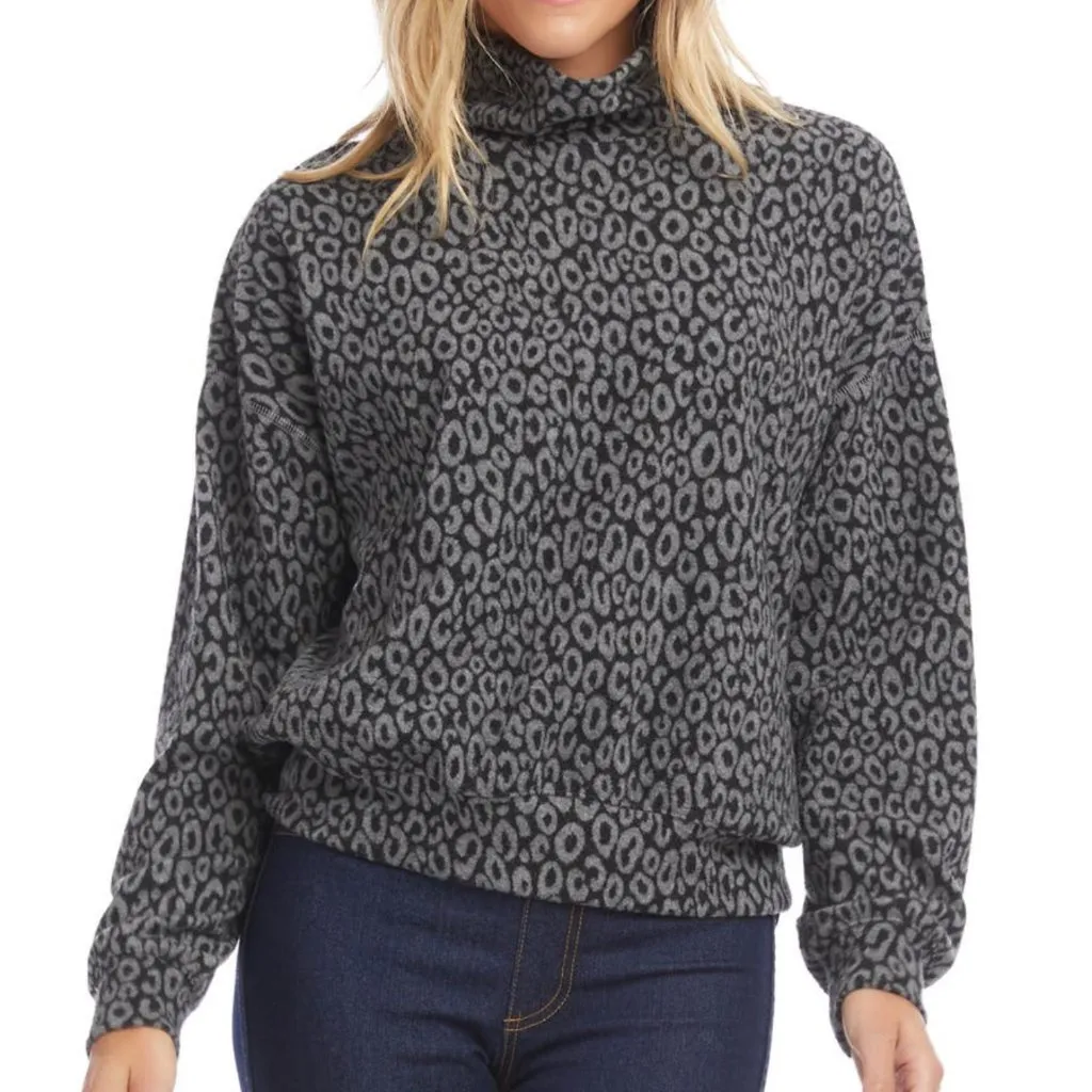 KAREN KANE Leopard Mock Neck Top Night Lights Gray Black Cheetah Print Pullover - Image 1