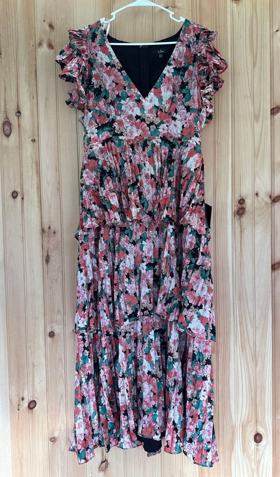 NWT Lulus Stunning Desire Pink Floral Satin Pleated Tiered Midi Dress Size XL - Image 2