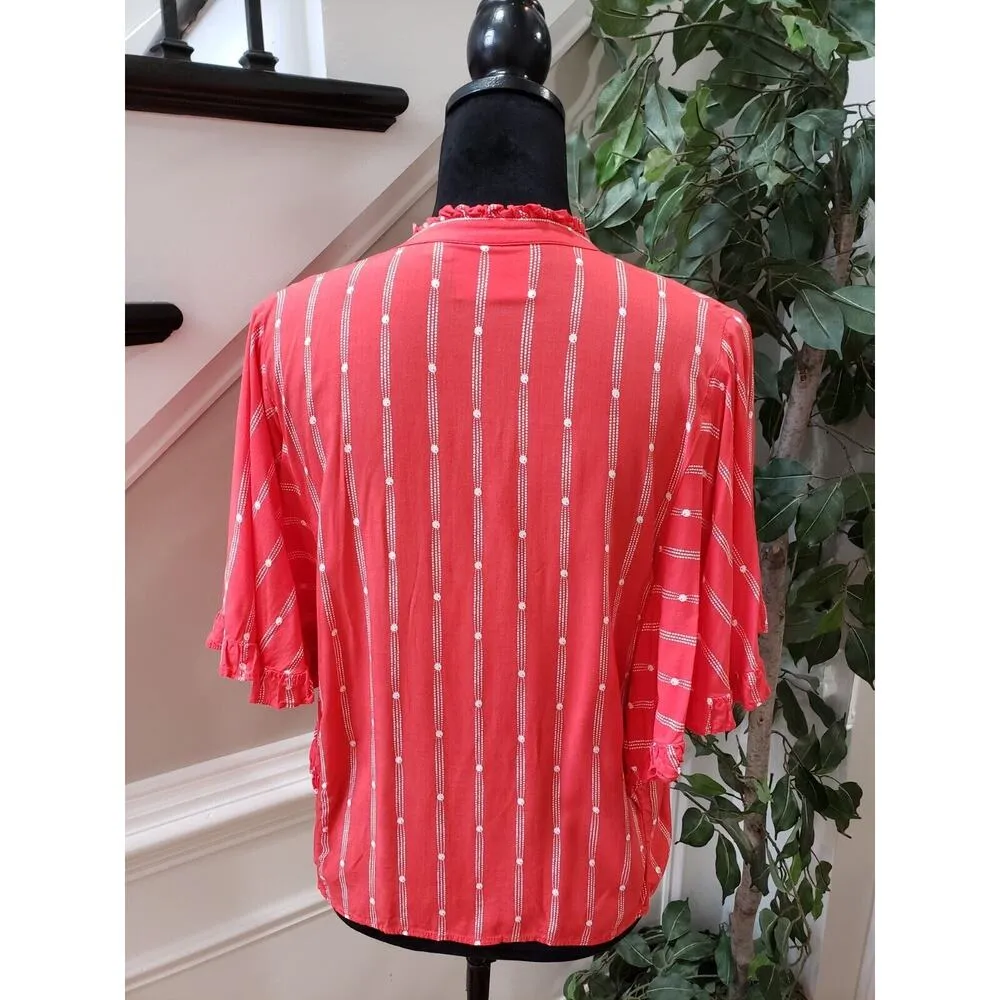 Anthropologie Mauve Red Striped Ruffle Button Front Short Sleeve Top Blouse S - Image 2