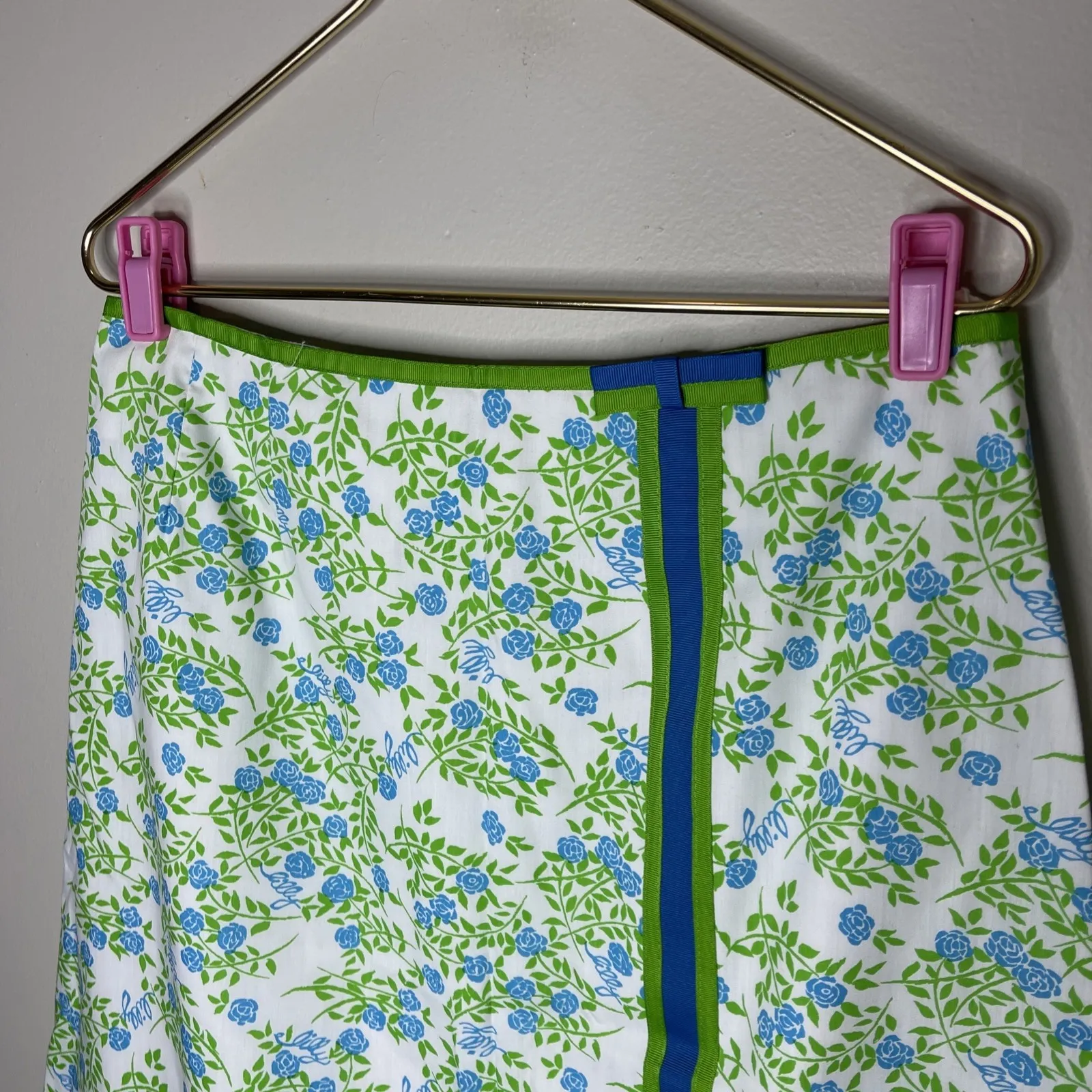 Vintage 1970s The‎ Lilly Pulitzer Green Blue Floral Polyester Cotton Skirt Sz 16 - Image 2