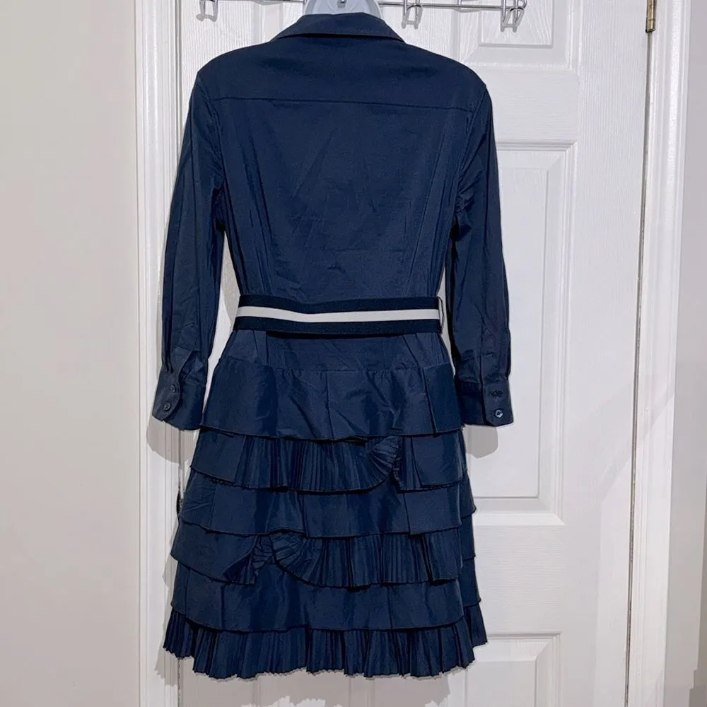 BCBGMaxazria Long Sleeve Ruffle Shirt Dress Cotton Blend Belt Navy Blue Size S - Image 4