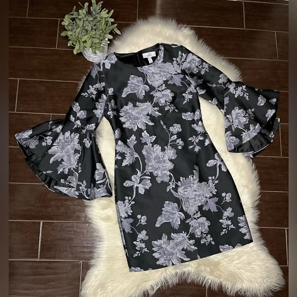 Belle Badgley Mischka Bell Sleeved black and grey floral Jacquard dress sz 6 - Image 2