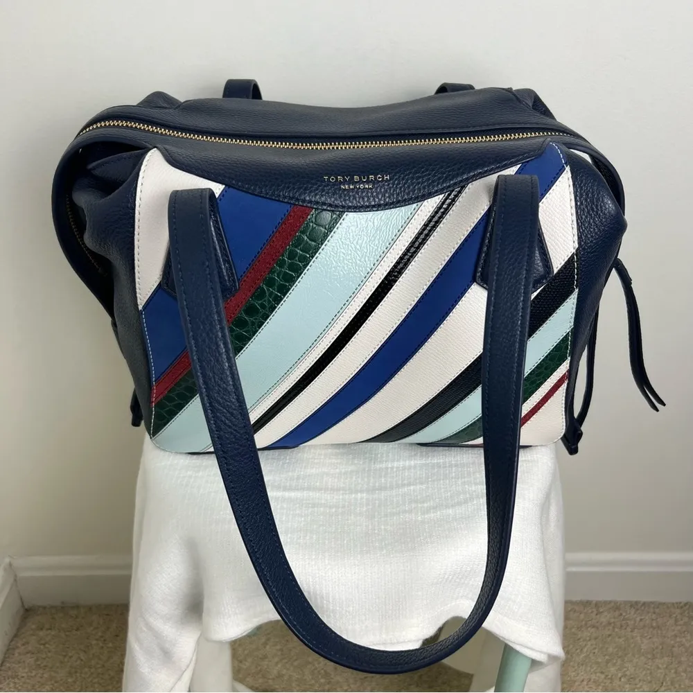 Tory Burch Blue Perry Balloon Stripe Satchel Leather Bag NEW Multicolor - Image 8