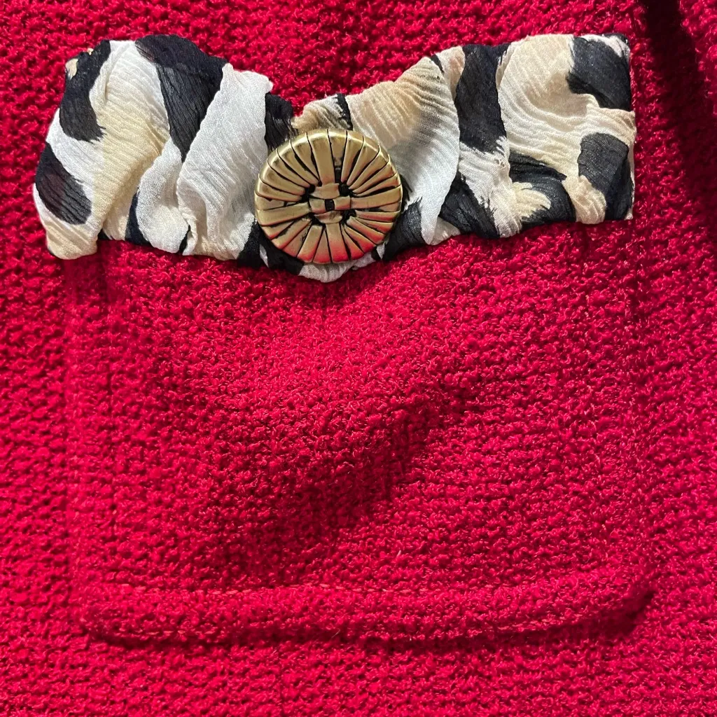 St. John Vibrant Red  Santana Knit Jacket with Animal Print Silk Trim Size 6 - Image 3