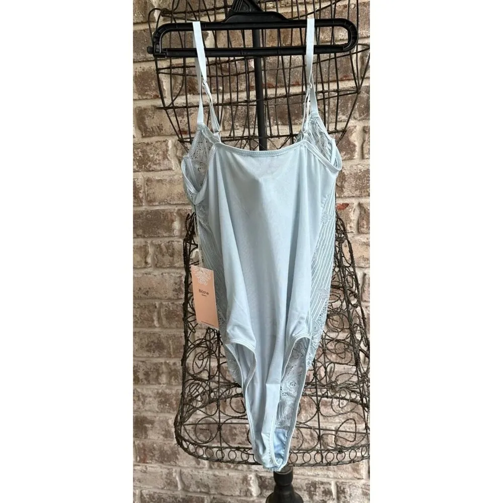 NWT Blashe Teddy Bodysuit Sz M Blue Sheer Lace Accents Snap Closure Exo… - Image 4
