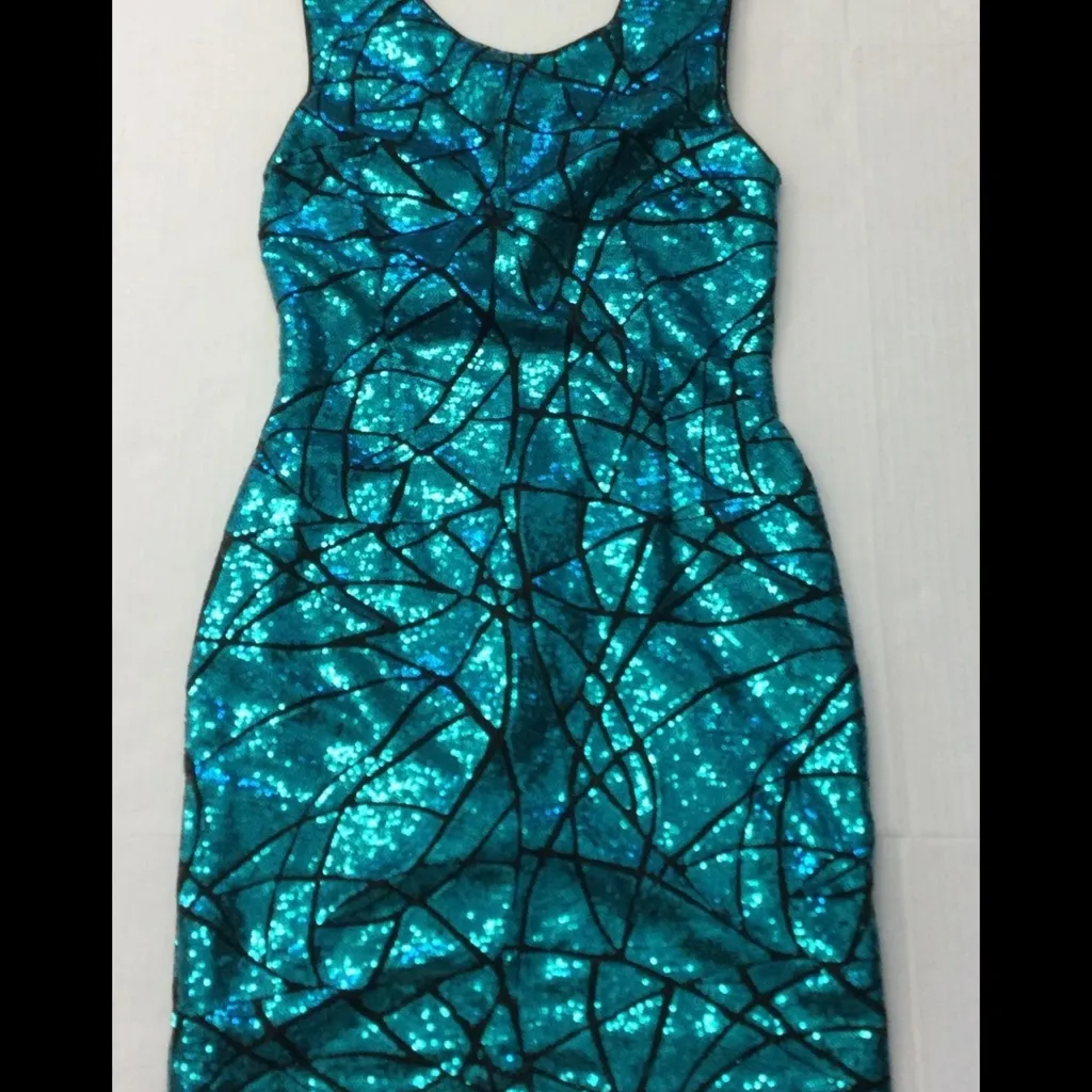 Forever 21 Teal Sequin Bodycon‎ Mini Dress Sm Sparkly Cocktail Party Club Prom - Image 3