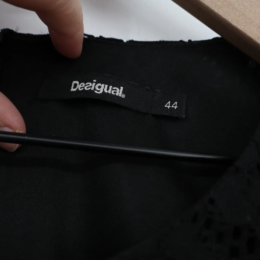 Desigual Black Lace Floral Embroidered Bell Sleeve Dress Size 44 - Image 3