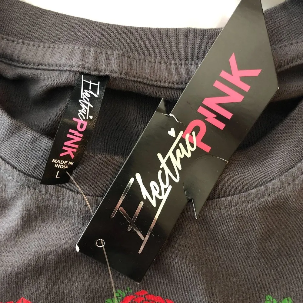 Electric Pink Womens T Shirt Top Cropped Roses Be Brave Strong Kind Gray L - Image 3