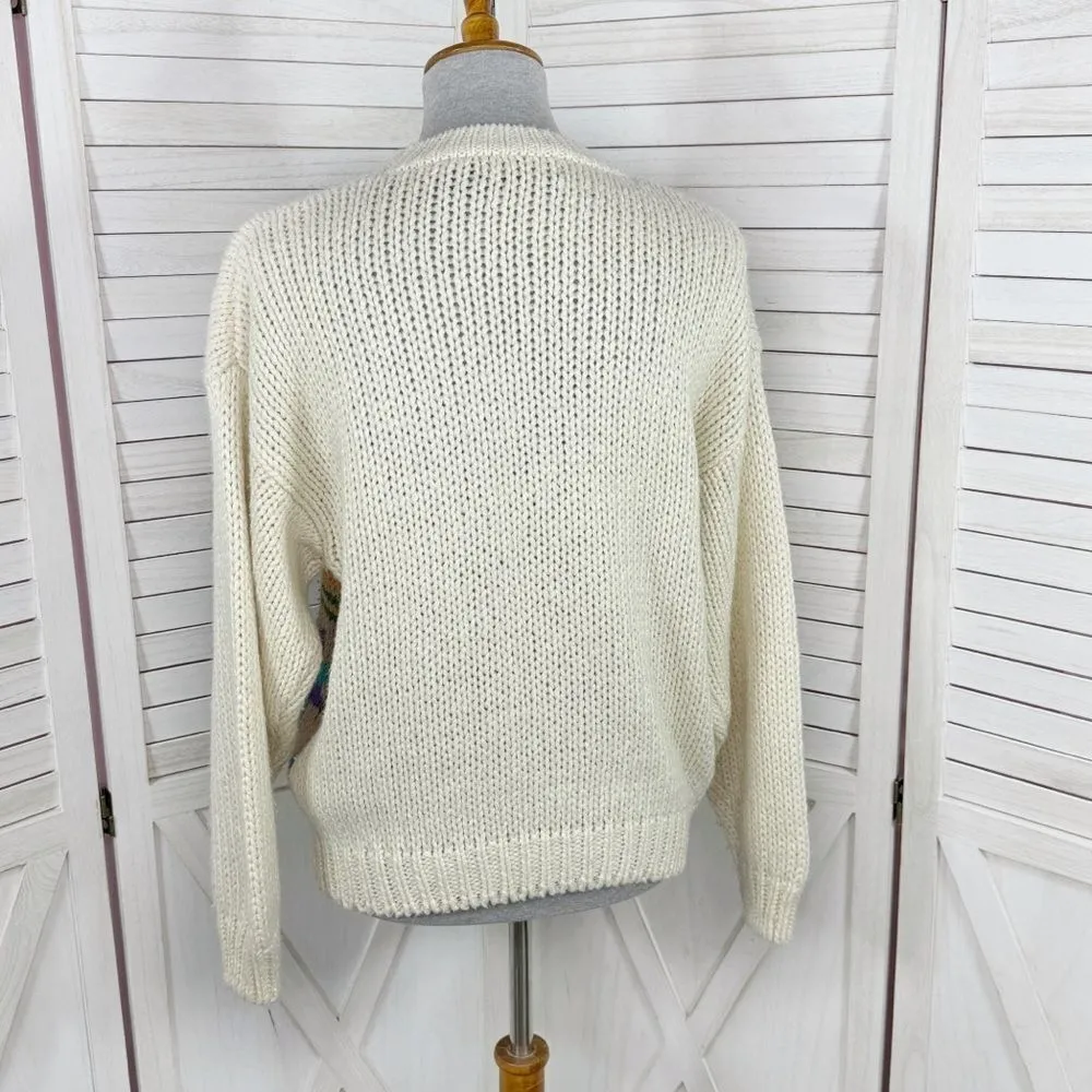 Vintage Rafferty 80s 90s‎ Floral Chunky Knit Sweater Ivory Large Crewneck Tan - Image 4