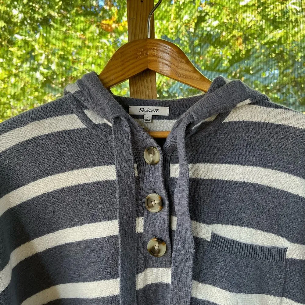 Madewell Striped Olney Henley Hooded Sweater Sunfaded Indigo Size S - Image 6