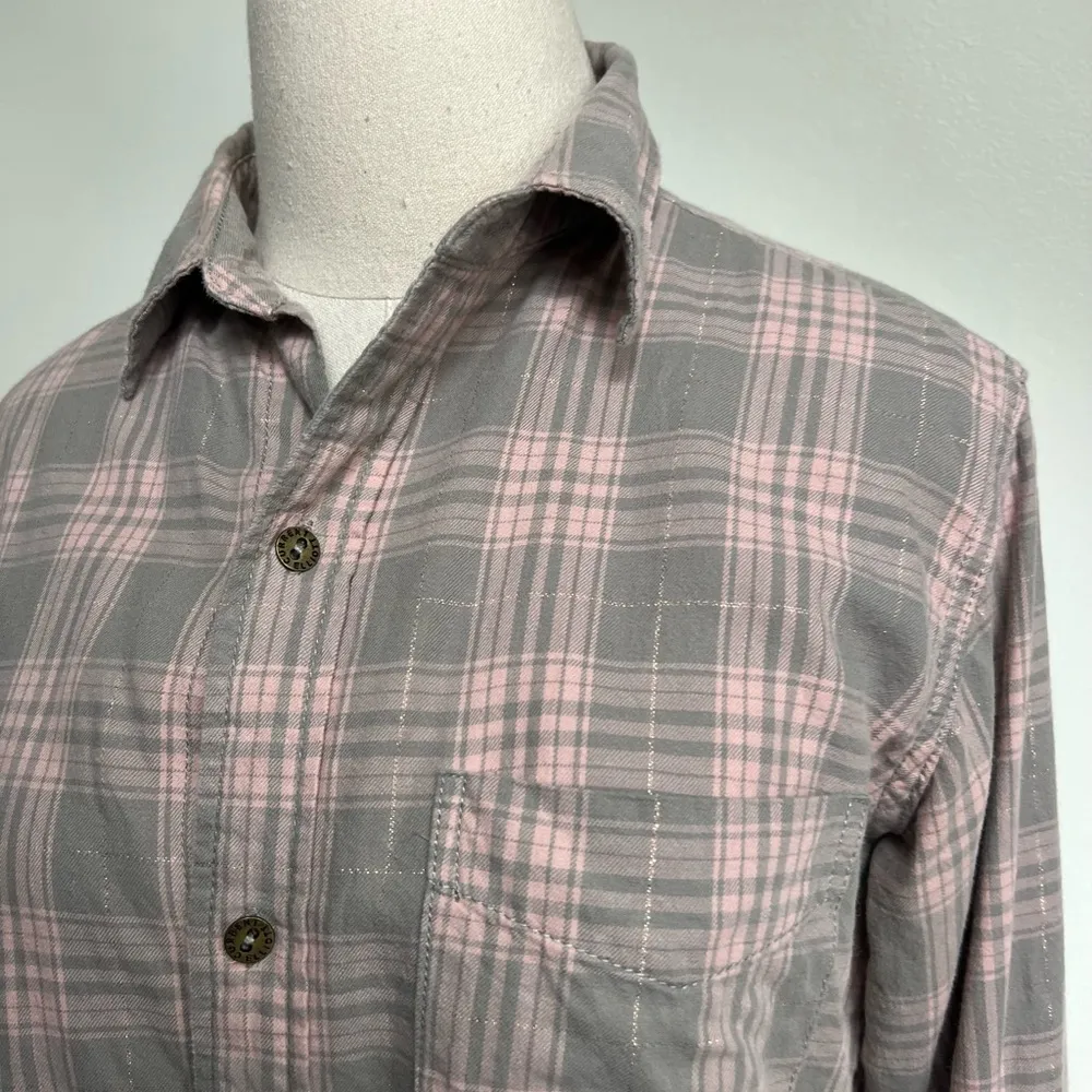 Current/Elliott Current Elliott The Prep School Shirt Pink Tinsel Plaid Frayed Size small - Image 4