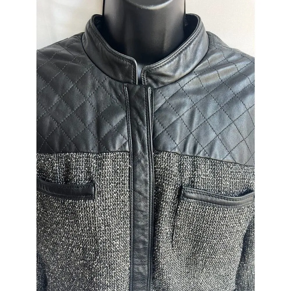 Jaclyn Smith black &white Tweed quilted Leather button up moto jacket size small - Image 9
