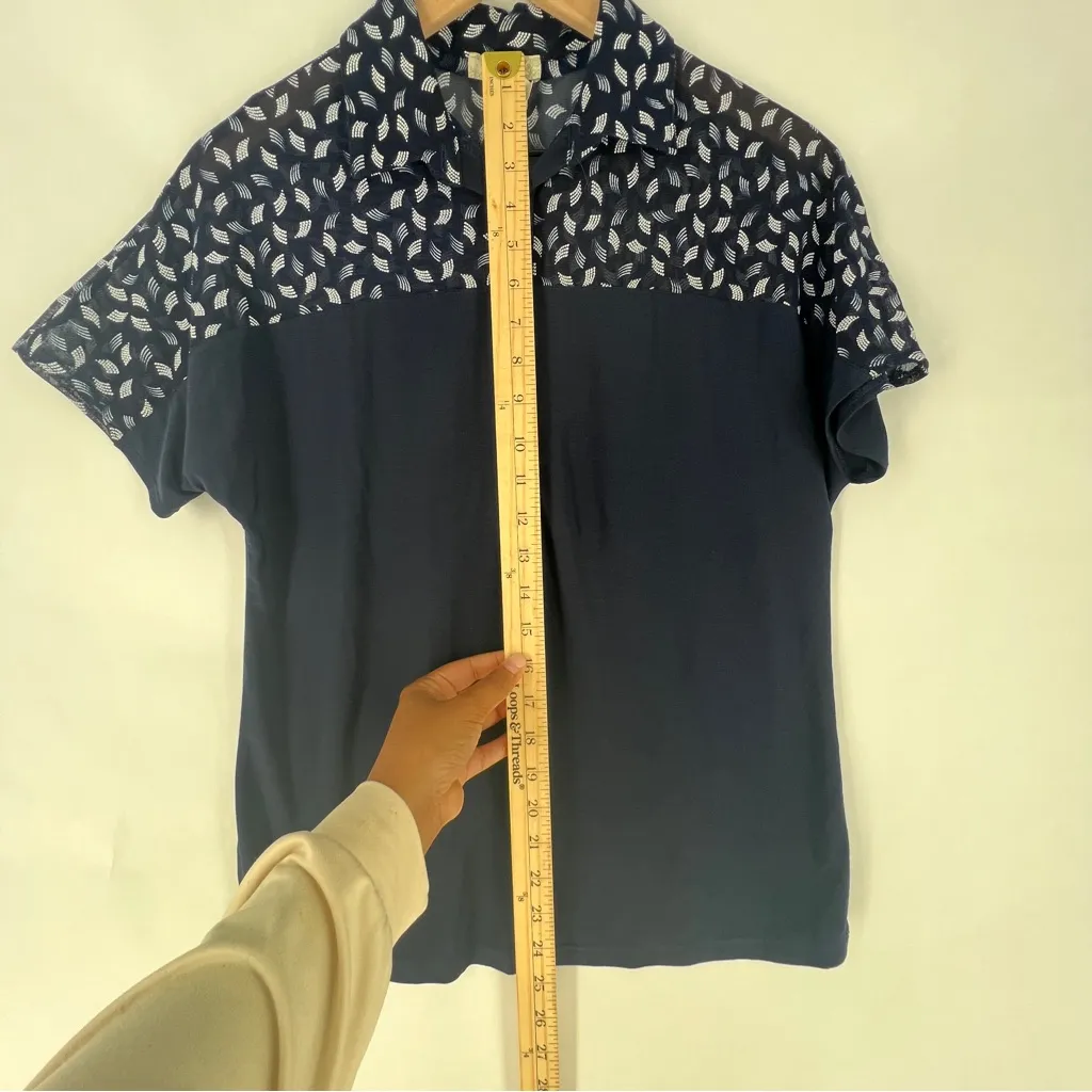 Ivy Ridge Navy Blue Patterned Mesh Neckline Stretch Jersey Knit Dolman Polo Top - Image 10