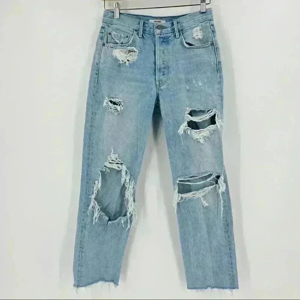 Grlfrnd Helena Straight‎ Jeans Women's 25 Blue High Rise Button Fly Distressed - Image 5