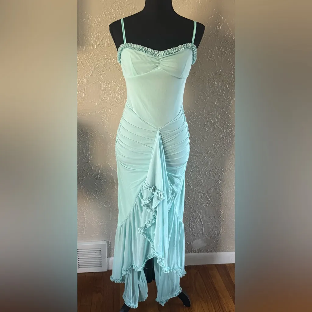 🫧Vivianixa Spaghetti Strap Mesh Dress with Ruffle Front Slit🫧 ~Medium NWOT Green - Image 2