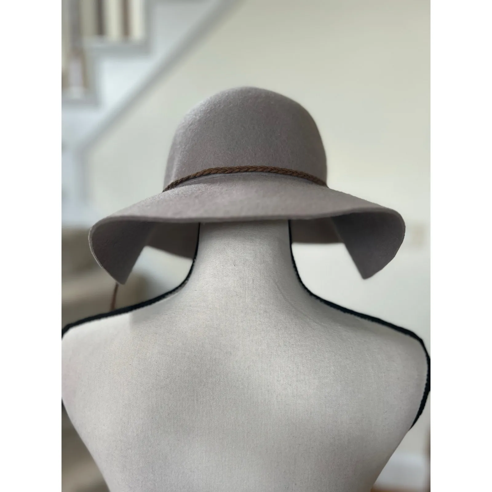 Boho Western Grey Wool Felt Big Brim Floppy Feather Rope Trim Hat - Image 4