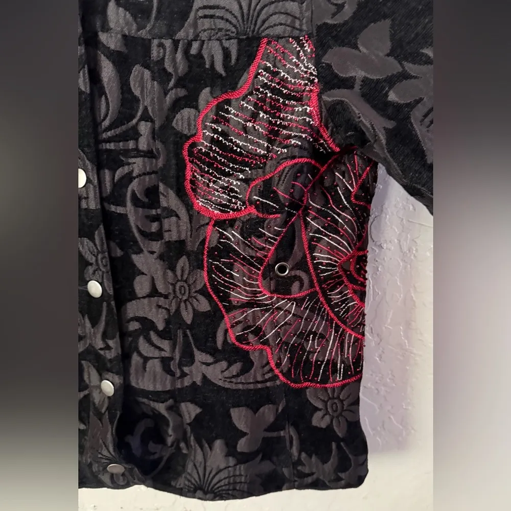 Multiples WOMENS Black Red Floral Design Button Jacquard Coat Jacket SIZE LARGE - Image 3