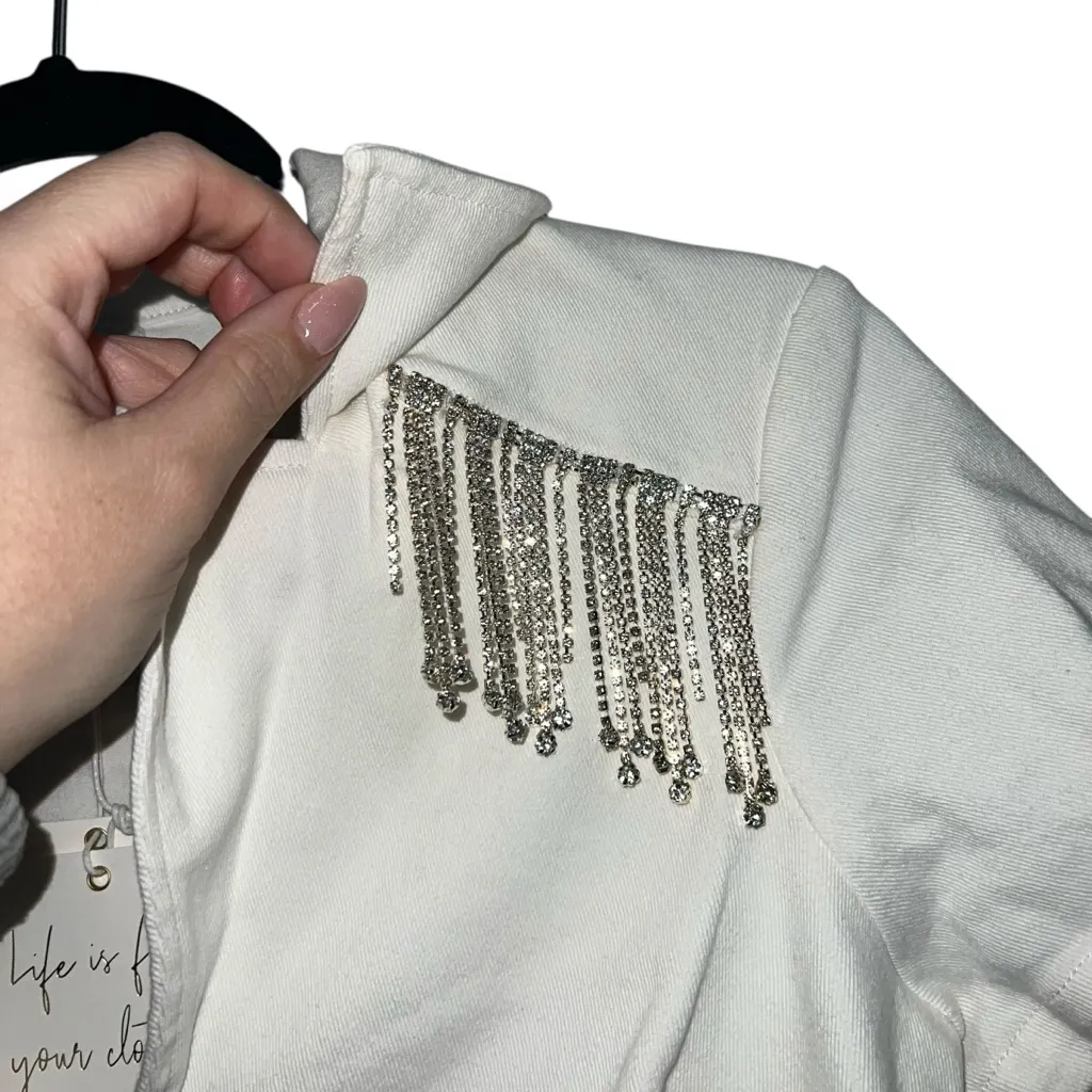 NEW NWT Show Me Your Mumu Outlaw Romper White Rhinestone Fringe Denim - Image 9