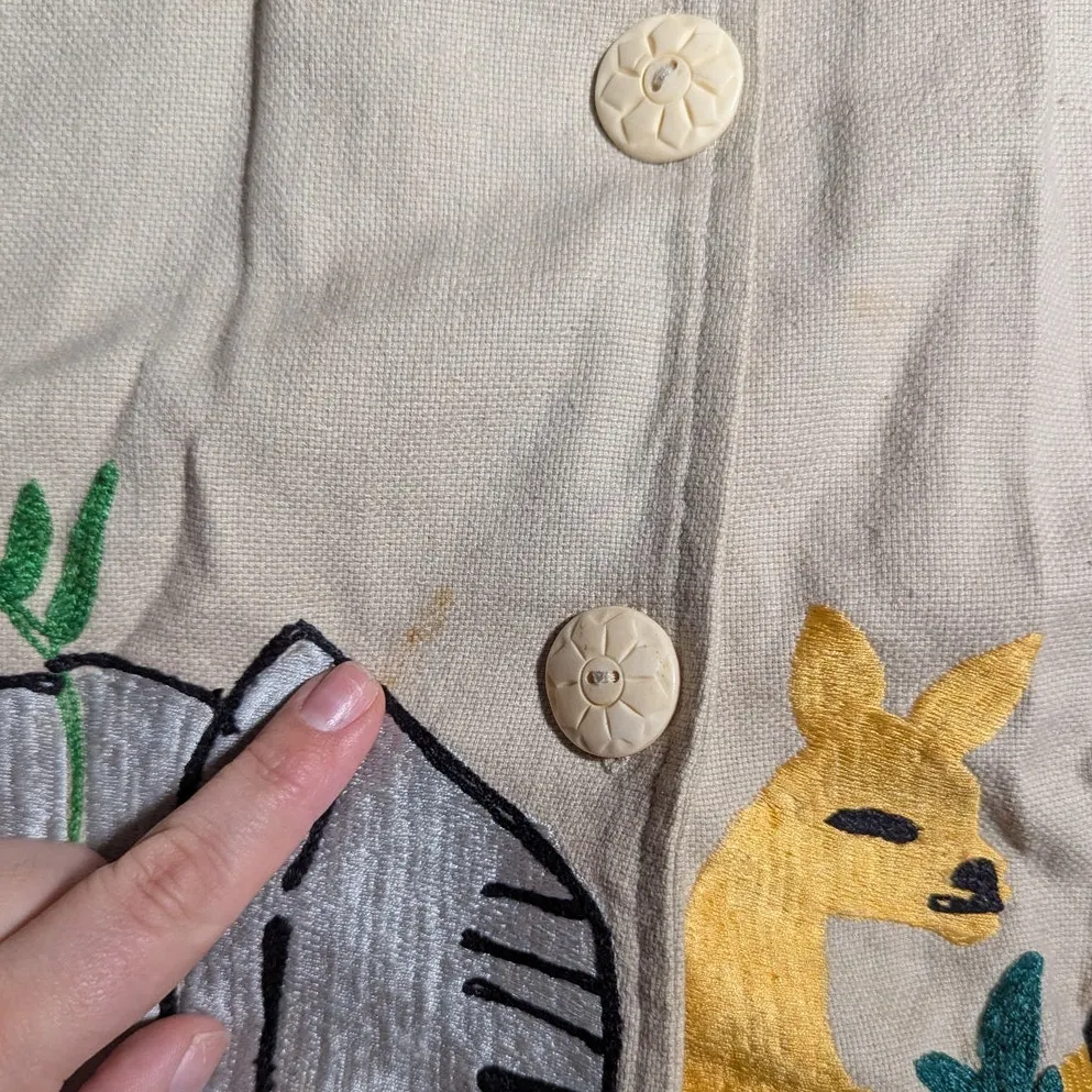 Vtg 1990s Anage Beige Cotton Safari Animal Embroidered Button Up jacket Sz M Tan Size M - Image 4