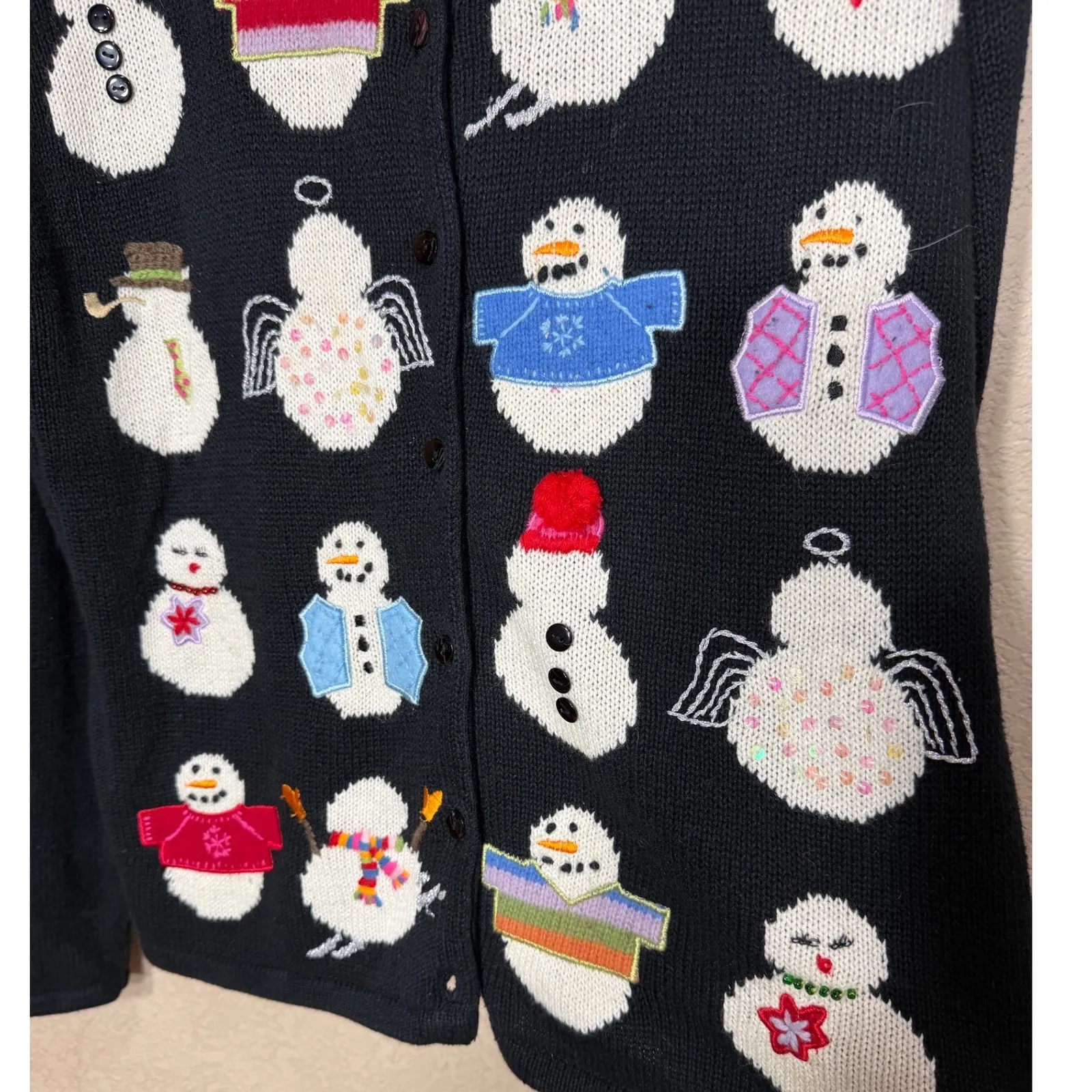 Susan Bristol Black Snowman Embroidered Button Front Cardigan Sweater Size L - Image 4