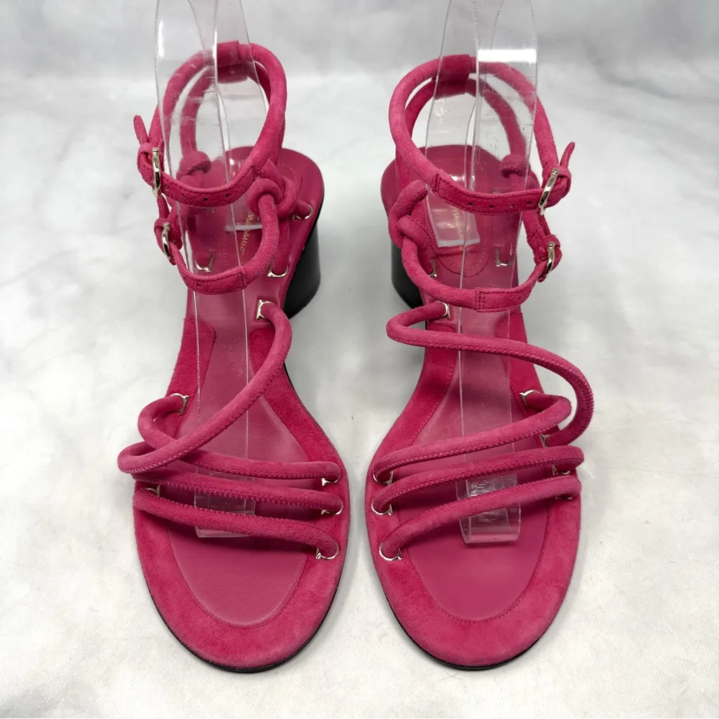 NEW Salvatore Ferragamo Augusta Suede Strappy Buckle Sandal Block Heel Pink 7 - Image 5