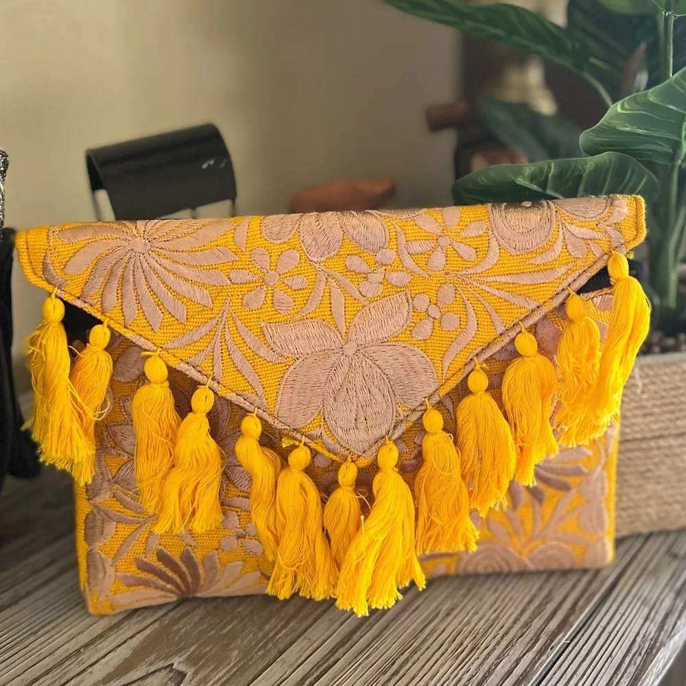 NEW Embroidery Purse Boho Floral Purse Clutch Envelope Bag Tassel Yellow - Image 11