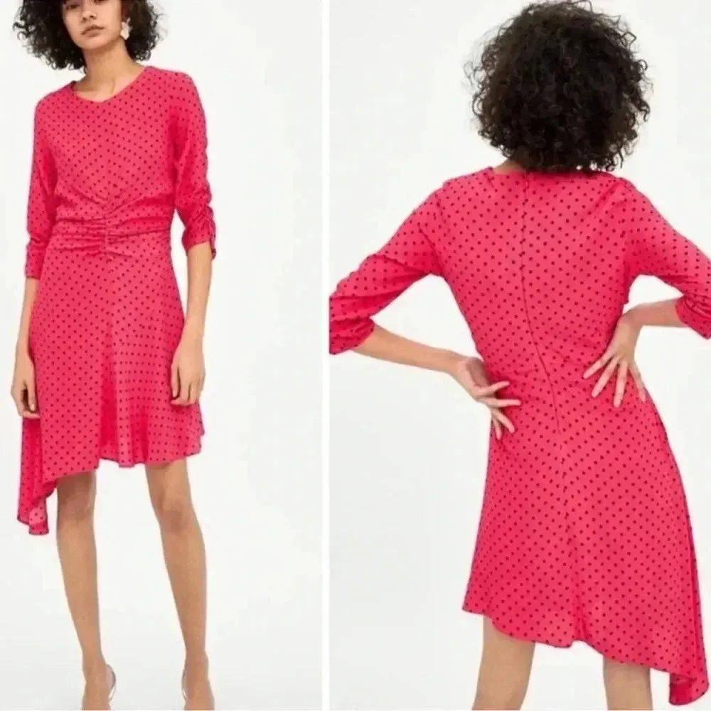 Zara‎ Pink Polka Dot Asymmetrical Dress size M - Image 2