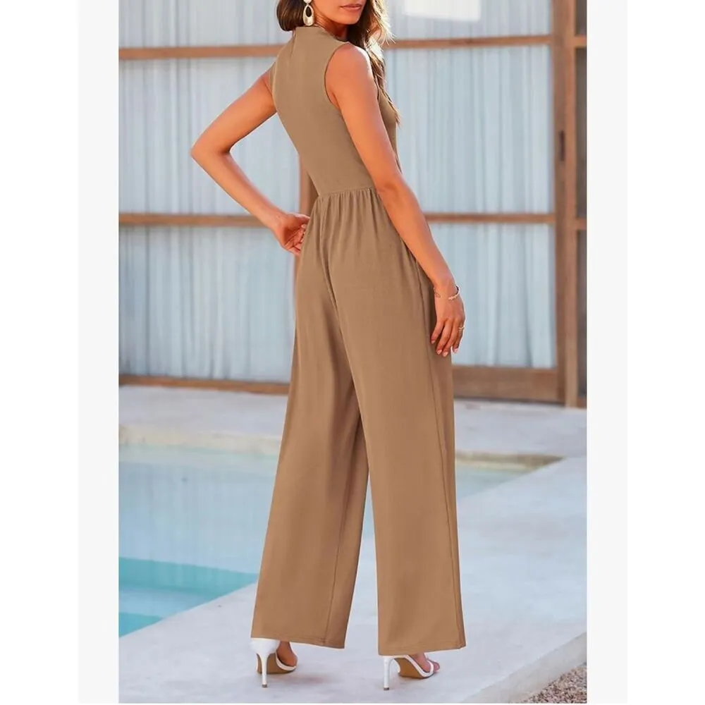 NEW Ribbed Jumpsuit Sleeveless Mock Neck Wide Leg Pants Pockets M Tan Size M - Image 2