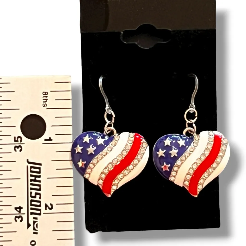 Hypoallergenic 4th July Patriotic Enamel Dangle Heart Earrings Red White Blue - Image 2