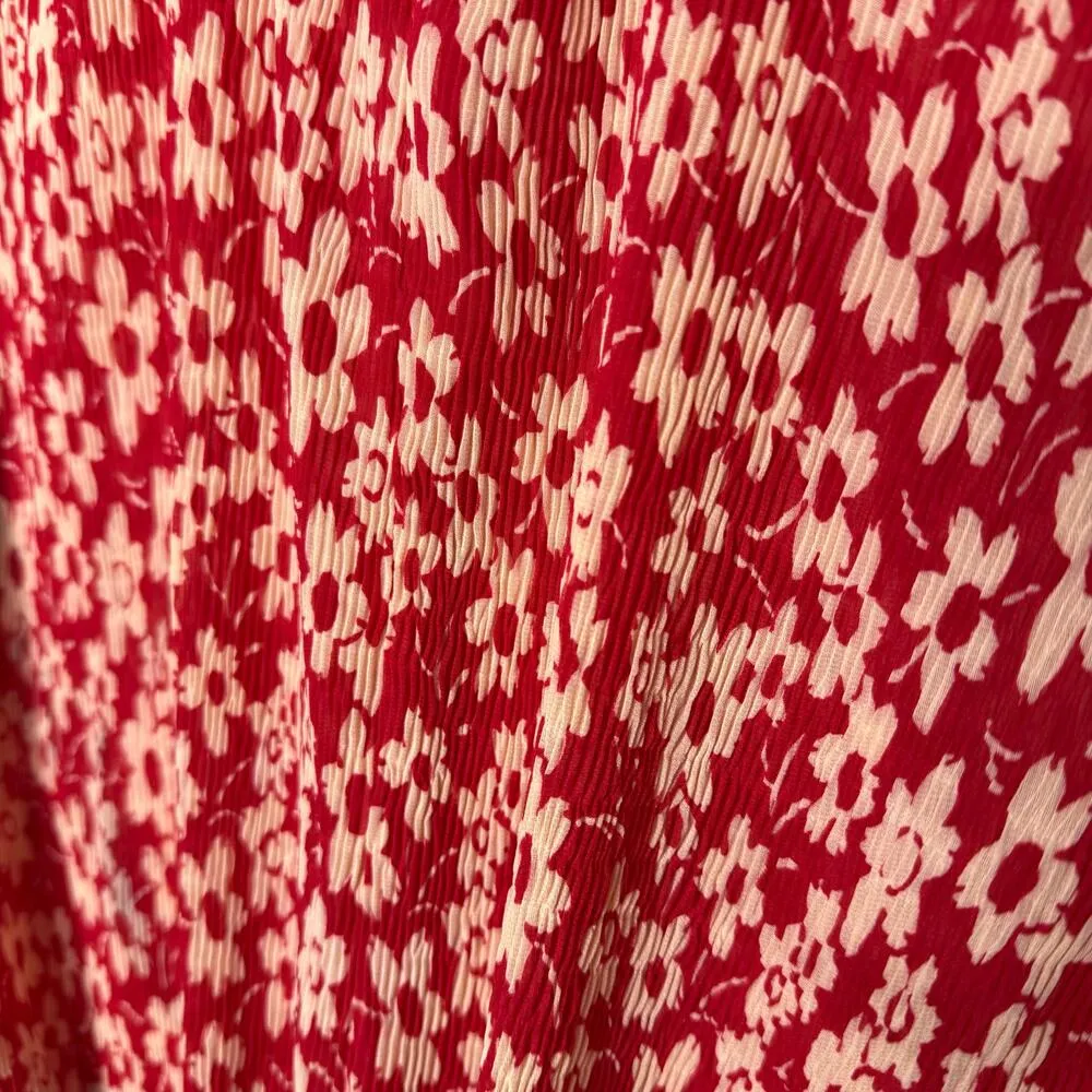 Madewell Crinkled Button Back Floral Tie Front Full Bloom Georgette Blouse Red - Image 6