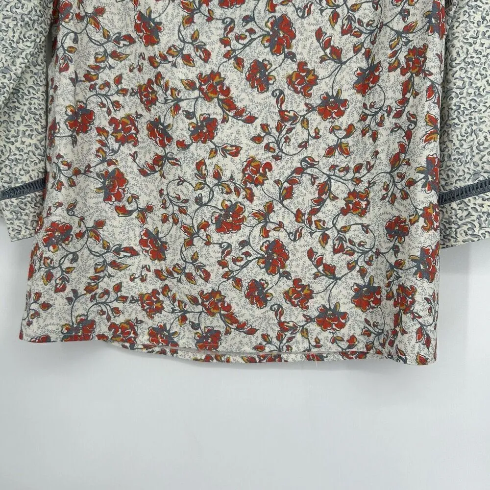 Multiples  Boho Linen Blend Top Floral Mixed Pattern Beige Fall Split Nec… - Image 9