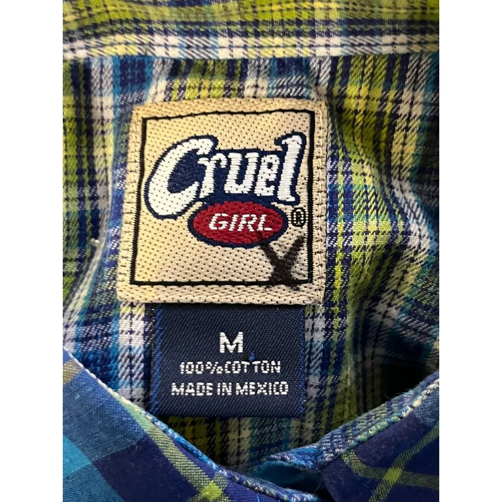 Cruel Girl Womens Long Sleeve Plaid Button-Up Shirt Blue & Lime M Used - Image 7