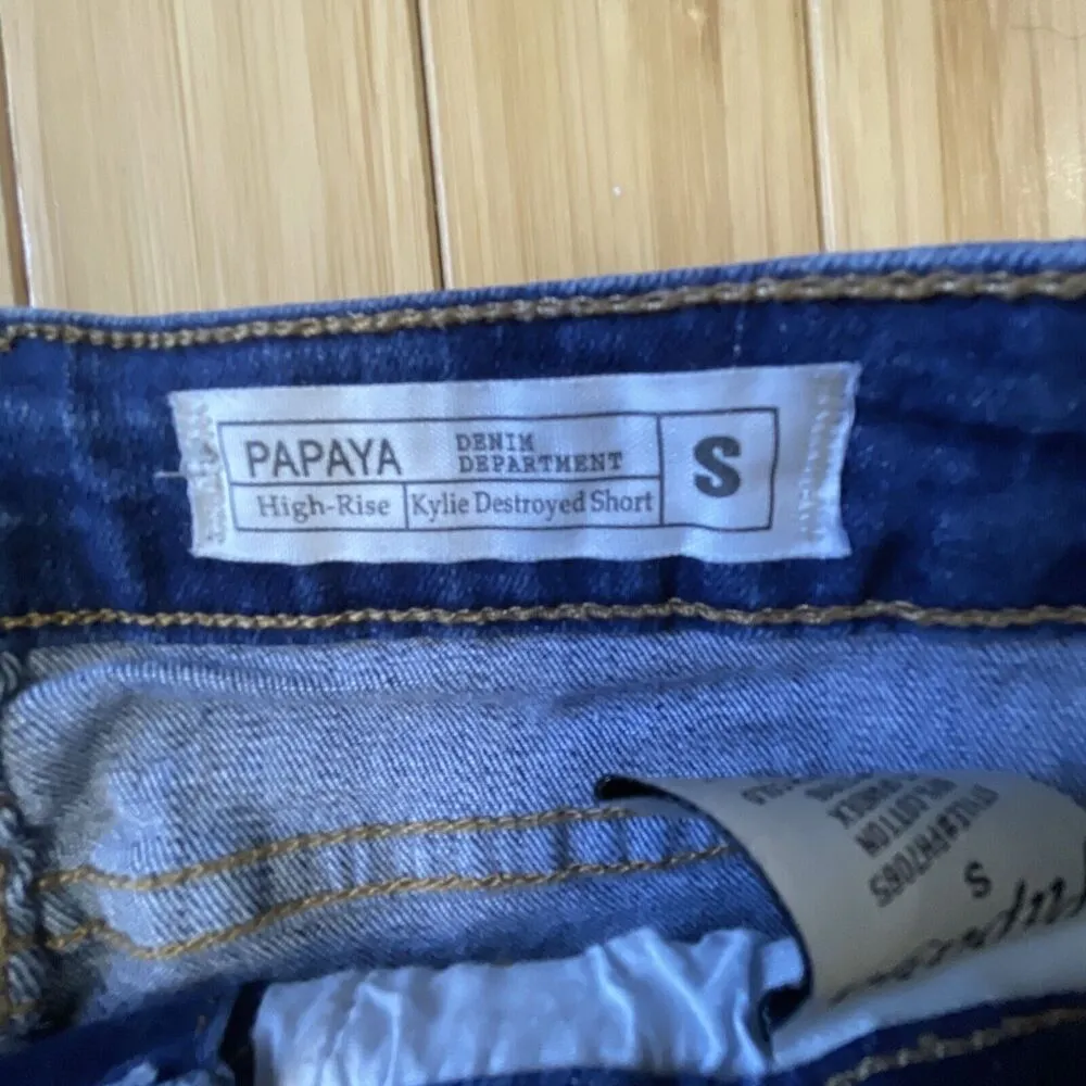 Papaya High Rise Kylie destroyed Blue Denim Jean Shorts Button Fly Raw Hem Small - Image 2