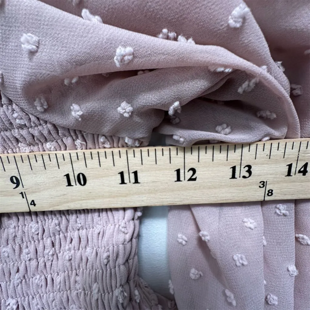 Womens Pink Polka Smocked Dress Sheer Sleeve Ruffle Hem‎ Coquette Cottagecore S - Image 8
