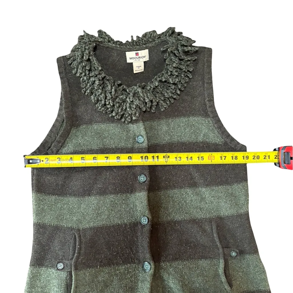 Woolrich Pure Lambs Wool Fringe Collar Button Sweater Vest Striped Green Medium - Image 4