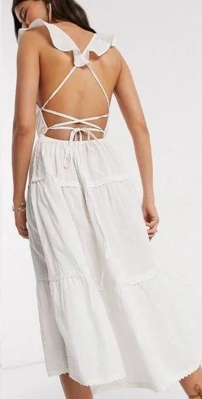 ASOS Lace Up Back Midi Dress Cotton White Sz 10 - Image 2