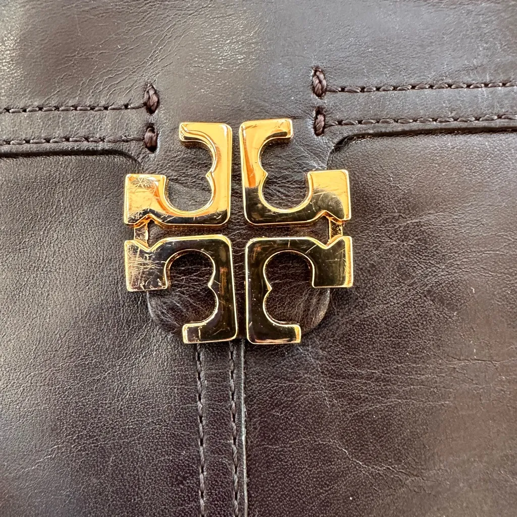 Tory Burch Eloise Brown Leather Gold Logo Riding Knee High Boot Shoes - Image 12