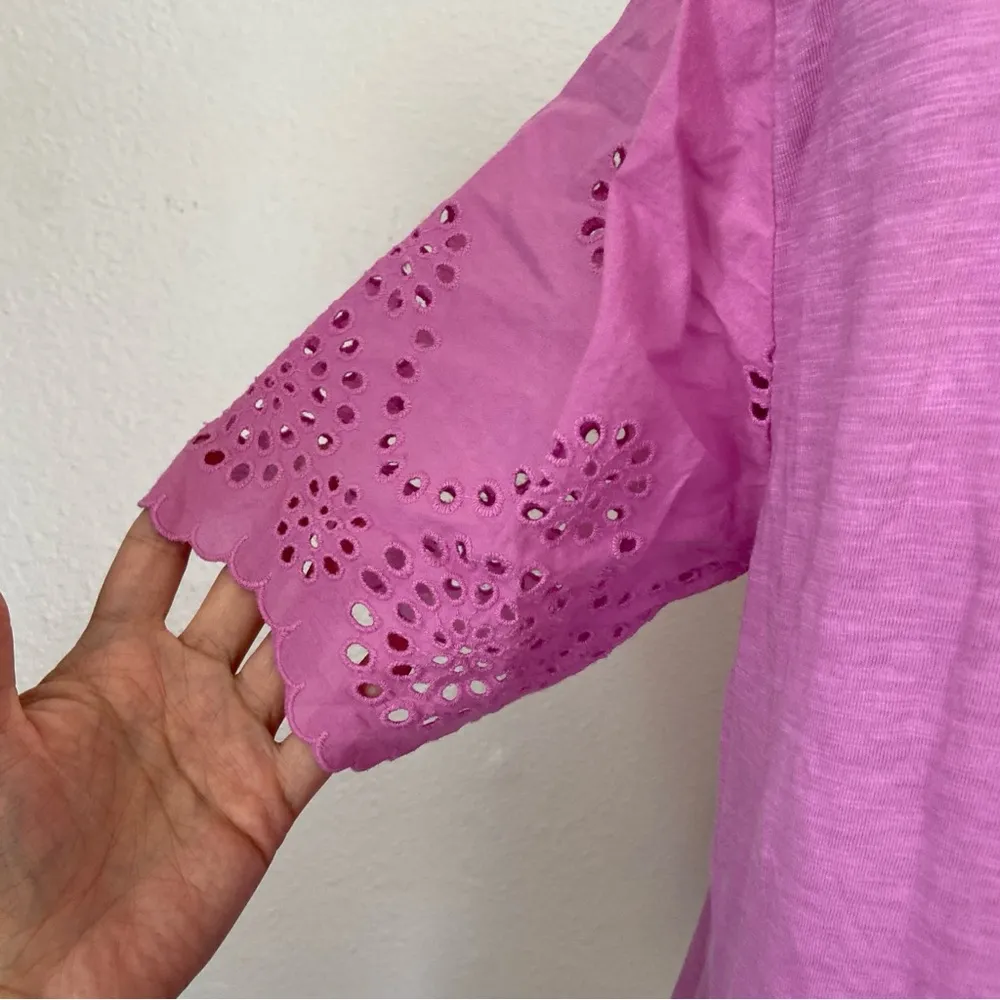 Solid Light Purple Cotton Blend Floral Eyelet Cutout T-Shirt - Image 3