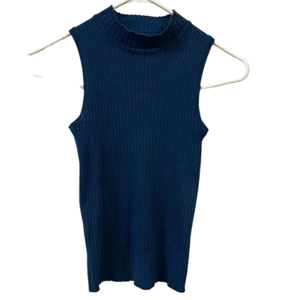 Beware Blue High Neck Ribbed Sleeveless Bodycon Formfit Tank Top Womens Medium - Image 6
