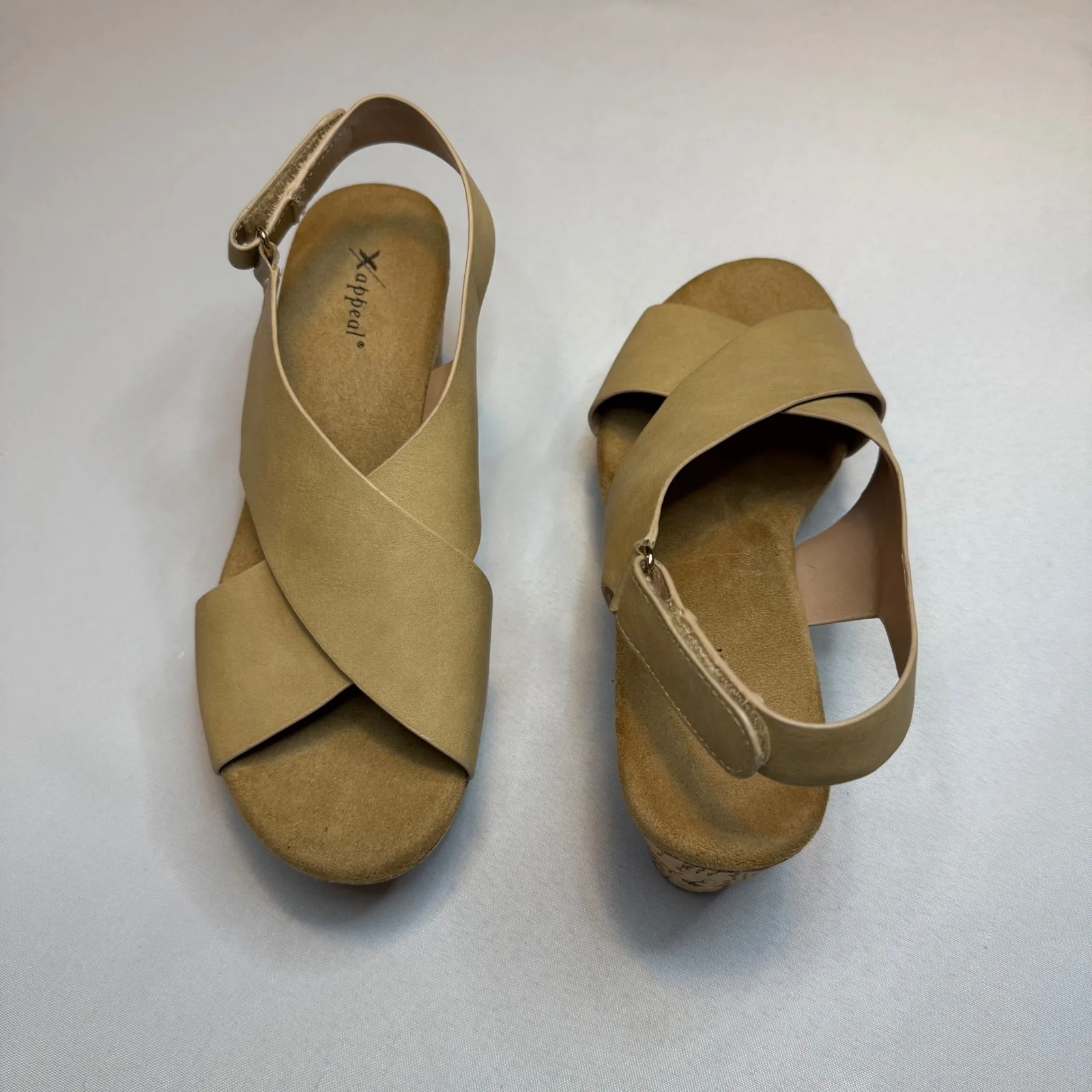 X Appeal NEW Womens Tan Cross Strap Cork Wedge Sandals Ankle Strap Size 8.5 - Image 6