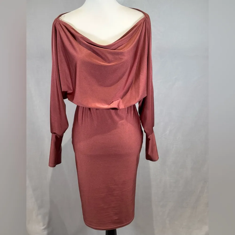 Votique dusty rose long sleeve sleek and chic pencil skirt dress size medium Pink - Image 4