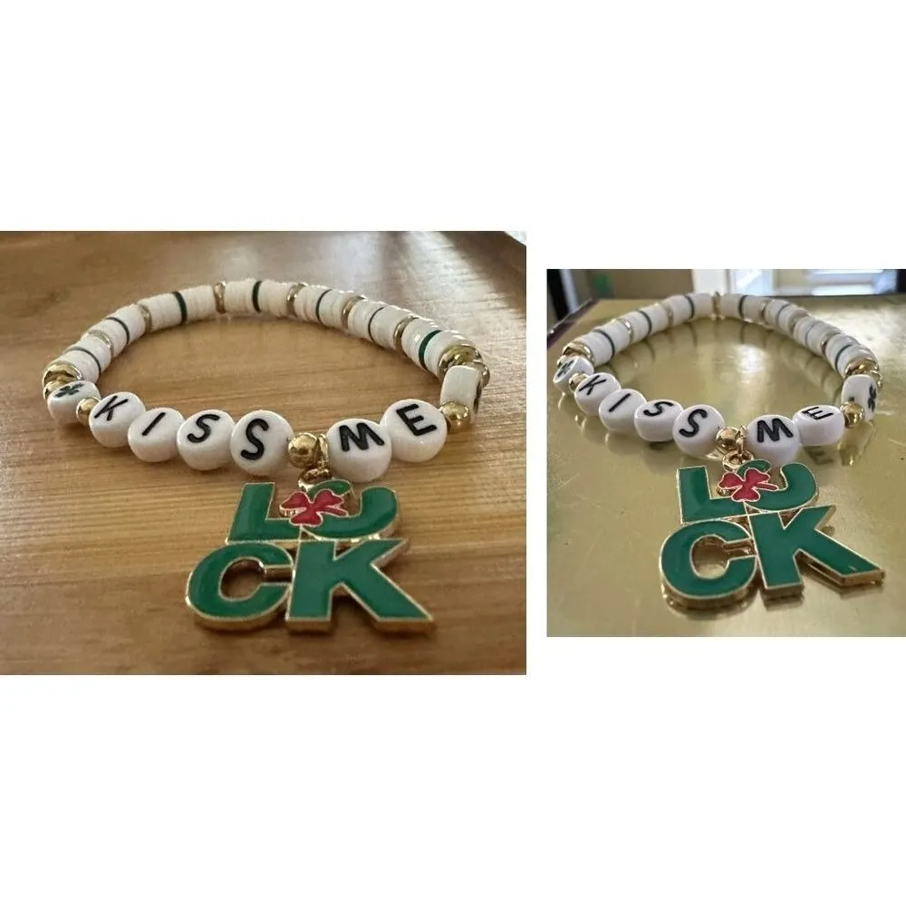 St Patricks Day Bracelet New Puka Beads Lucky Kiss Me Festive Party Para… White - Image 9
