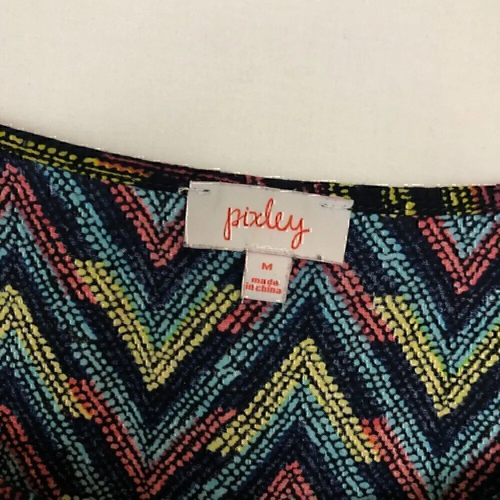 PIXLEY STITCH FIX Dotted Chevron Tunic Blue Pink Multi Short Sleeve Boho Blouse Green Size M - Image 6