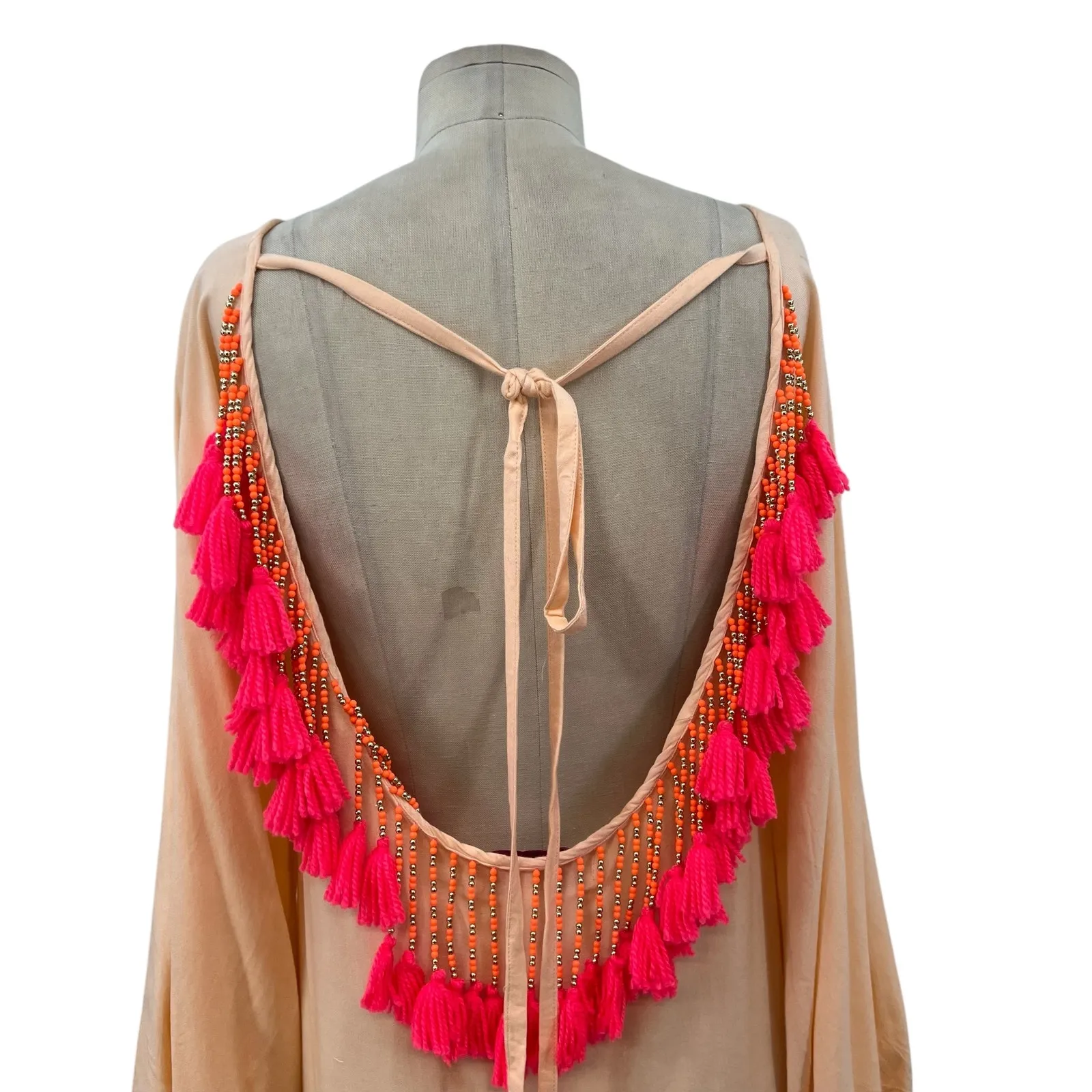 Sundress Indiana Dress‎ Tunic Beach Tasseled Beaded Peach Neon Pink Size XS Orange - Image 10