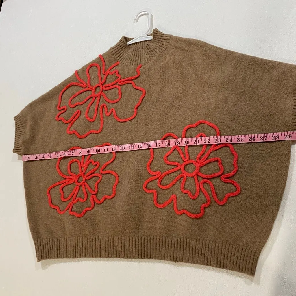 Easel Los Angeles Brown Sweater with Red Floral Appliqué – Size S - Image 5