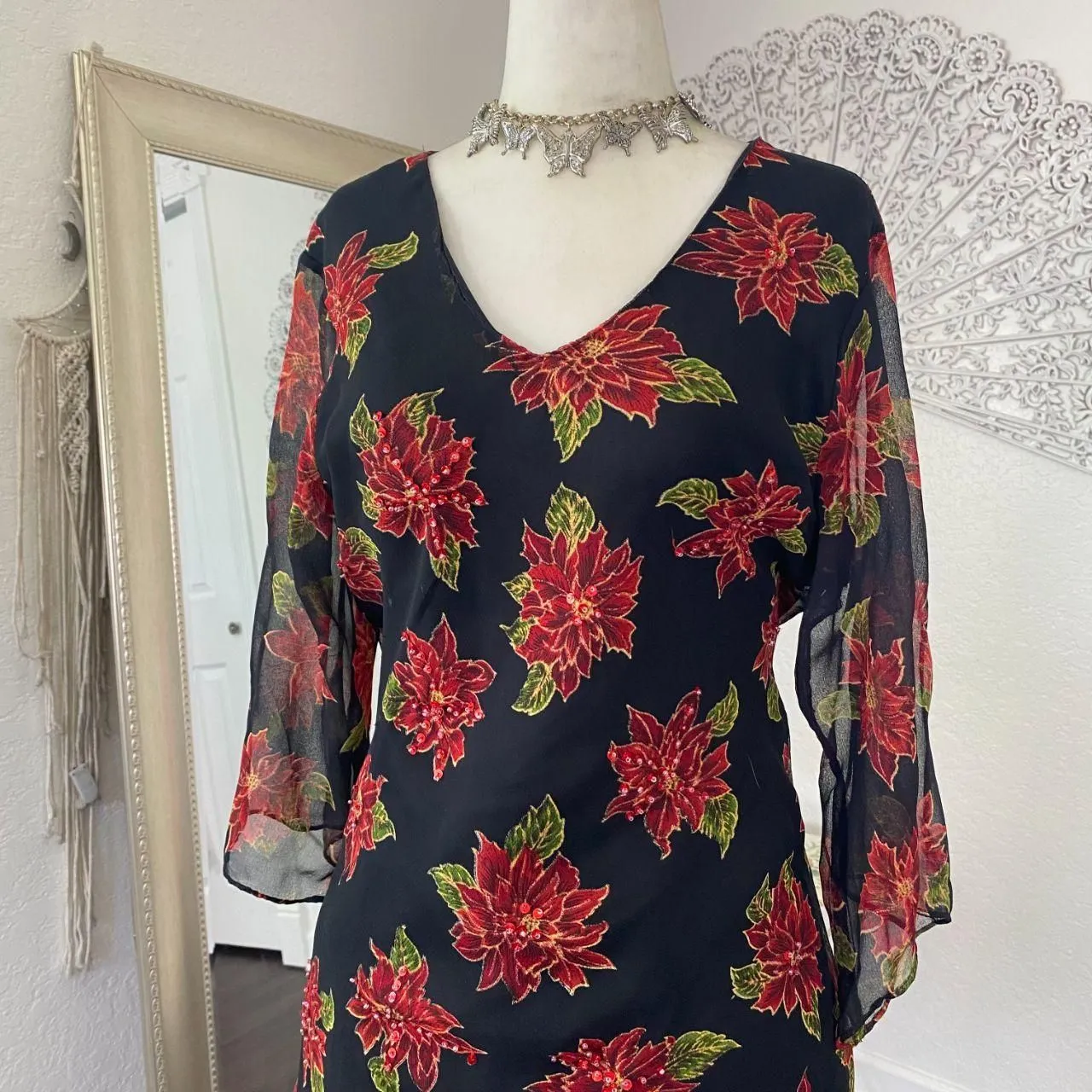 Witchy Whimsygoth Black Red Beaded Sheer Mesh 3/4 Sleeve Blouse XL Petite Size undefined - Image 3