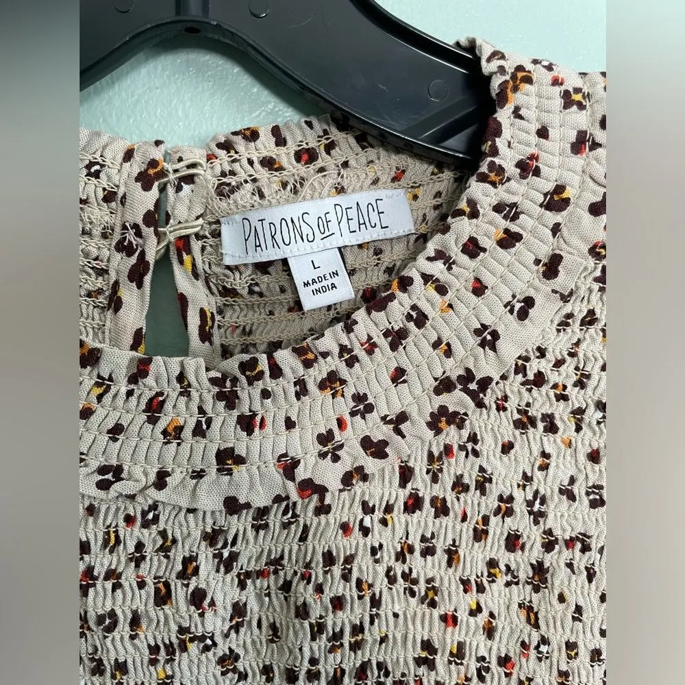 Patrons of Peace Tan Floral Smocked Ruffle Long Sleeve Crop Top Large - Image 2