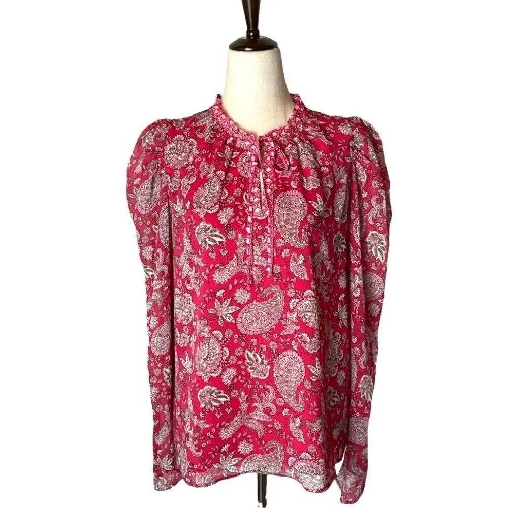 Cupcakes & Cashmere Pink And White‎ Paisley Puff Long Sleeve Tie Neck Blouse M Size M - Image 2