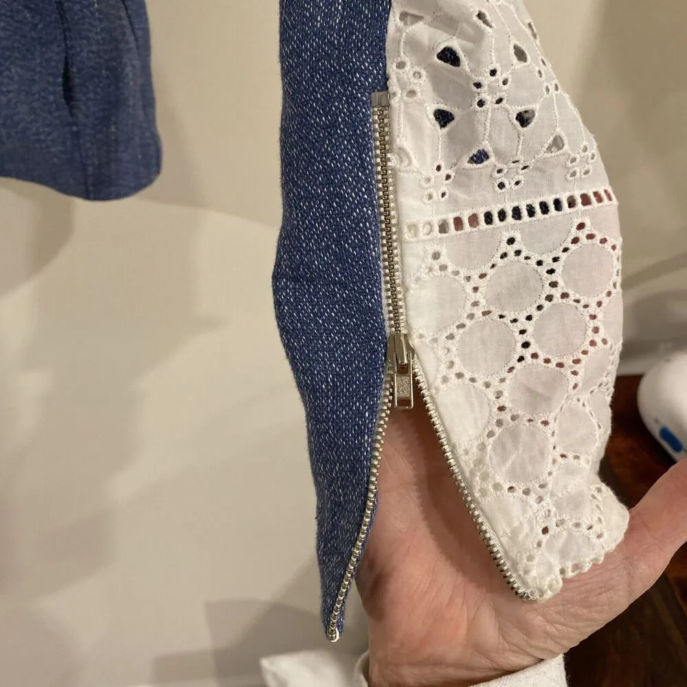 Thakoon Blazer Womens size 0 Tweed With Eyelet Lace Jacket Linen Zipper Sleeve Blue - Image 3